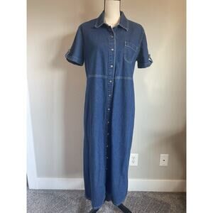 Vintage White Stag Denim Midi Dress Large Pearl Snap Front Short Sleeve